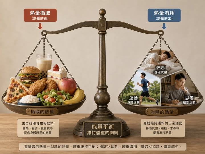 熱量攝取與熱量消耗的能量天平示意圖